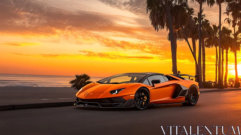 Orange sports car on coastal road at sunset with palms.