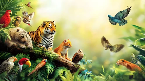 Jungle council of paws and wings in golden morning hush.