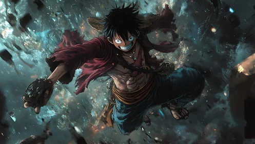 Battle-hardened anime fighter charges through swirling debris