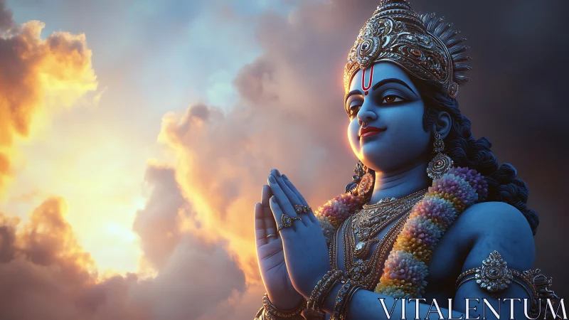 Skyward deity smiles toward dawnlit clouds in quiet prayer