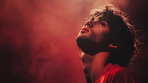 Side profile portrait shows man looking upward in red light
