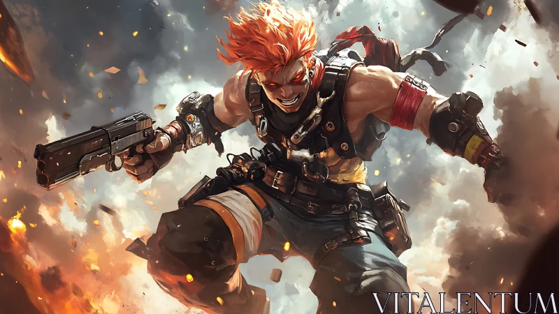 Fury-charged cyber warrior diving through burning clouds.