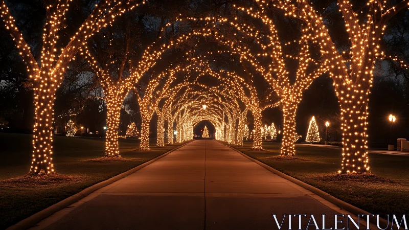 Symmetric tree allée with dense incandescent festive wrapping.