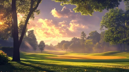 Sunlit fairway sanctuary under a dreamy painterly sunrise.