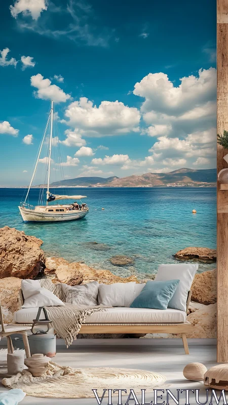 Coastal living room merges with tranquil yacht seascape mural