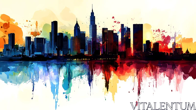 Urban skyline silhouette with multicolor abstract reflection.