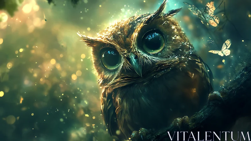 Enchanting Owl in Mystical Forest with Glowing Butterflies, Digital Art.