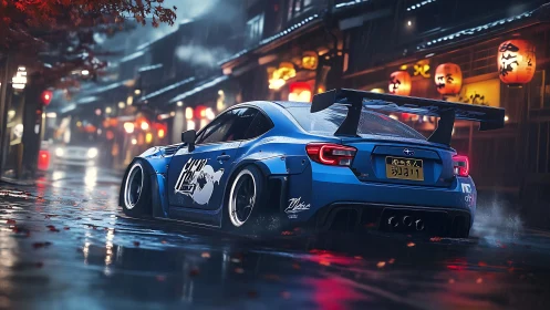 Midnight drift machine glides through neon-soaked Tokyo rain.