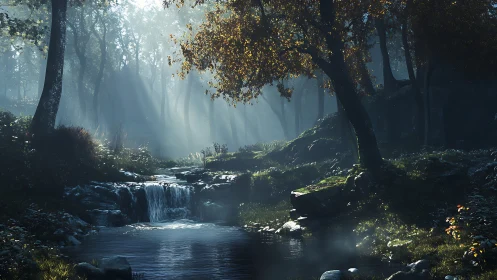 Misty Forest Cascade: Luminous Digital Landscape.