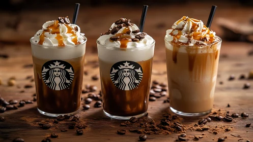 Iced Starbucks caramel coffee drinks with whipped cream