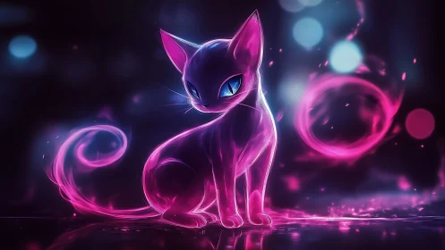 Glowing neon cat spirit with bright blue eyes at night.