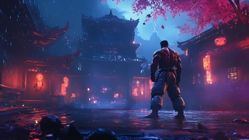 Martial artist stands in neon lit rain soaked temple street.