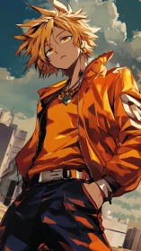 Spiky haired rebel in orange jacket under dramatic sky.