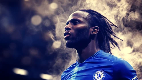 Side-lit footballer exhaling vapor in high-contrast stadium haze