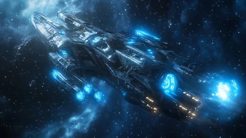 Massive star cruiser powers through glowing deep space.
