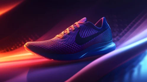 Sleek Running Shoe in Neon Light, Futuristic Sports Style.