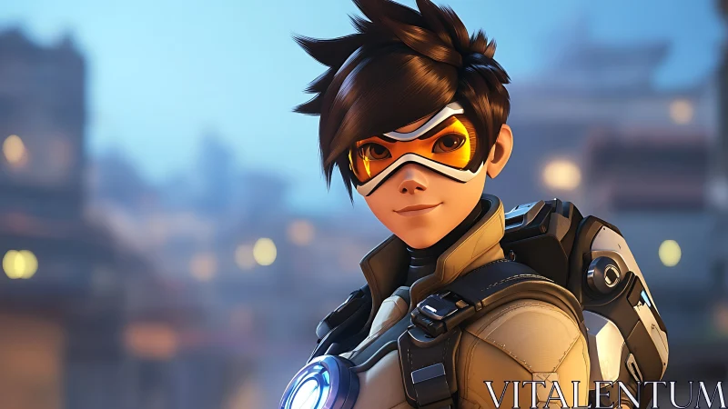 Futuristic pilot portrait with orange visor and tech rig.