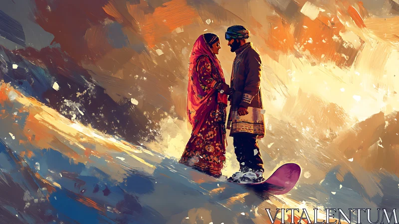 Snowbound sari and snowboard vows on a painted winter ridge.