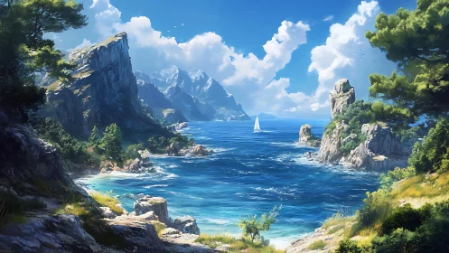 Coastal landscape with rocky formations and sailboat.