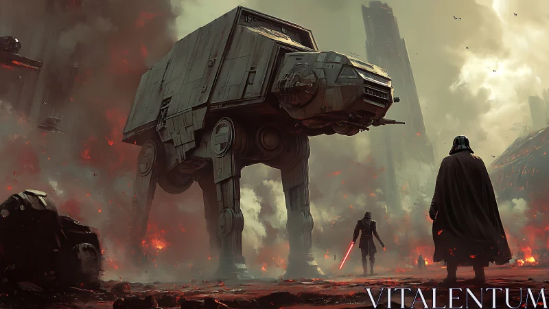 Imperial walker and cloaked figures in burning wasteland.