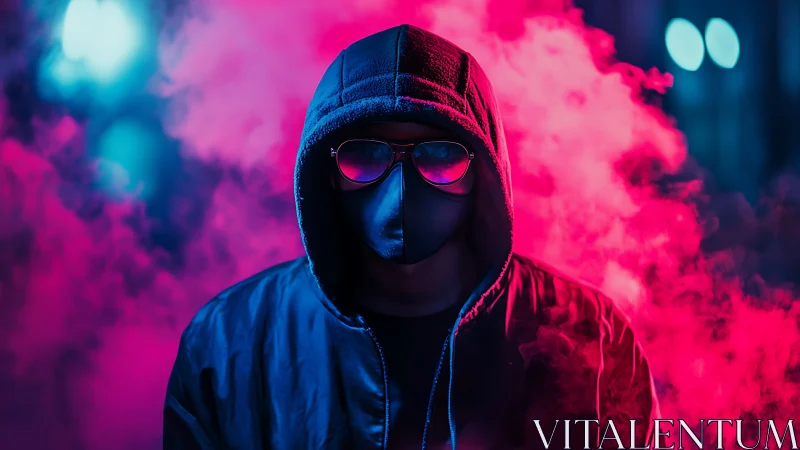 Hooded masked figure in neon magenta cyan backlit atmospheric haze