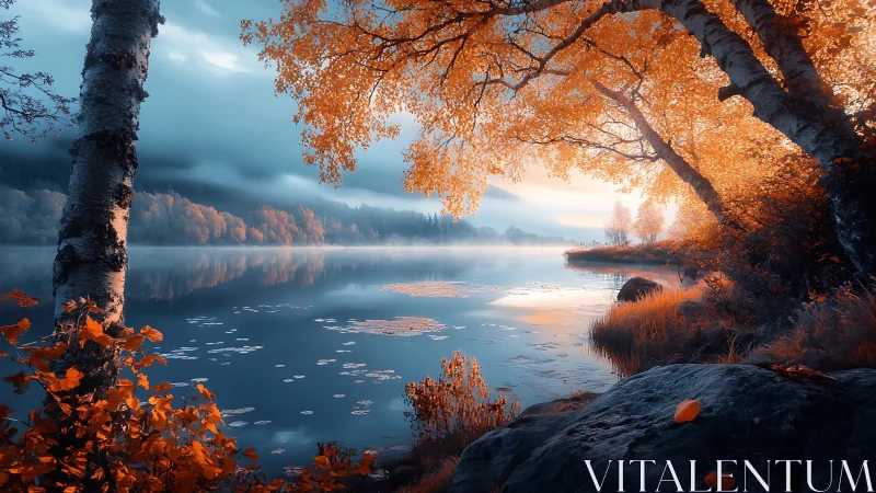 Autumn lake glows in misty twilight under golden trees.