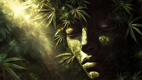 Marijuana foliage envelops meditative stone face under volumetric light