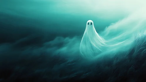 Small spectral figure in teal atmospheric landscape scene.