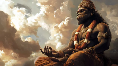 Serene monkey warrior deity meditating in dramatic sky scene.