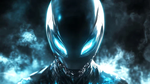Futuristic metallic alien cyborg head with glowing blue eyes.