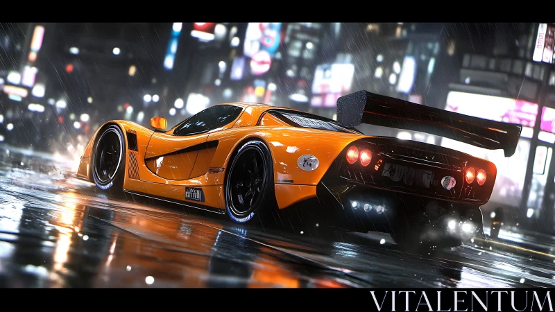 Orange race car is rendered on wet city street at night