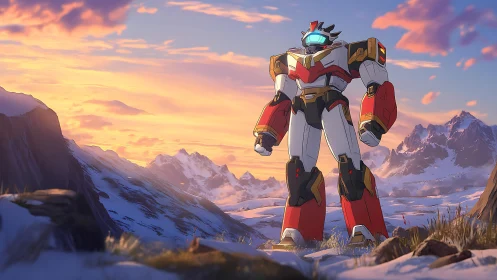 Colossal red mecha overlooking sunlit alpine snowfields.