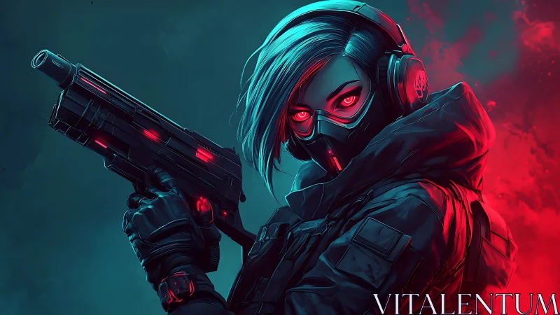 Neon-eyed masked operative with cyber rifle in red teal haze.