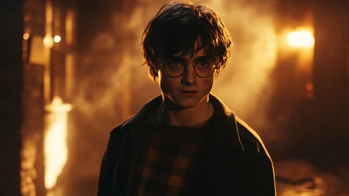 Lantern-lit alley youth framed in ember-tinted fog glow.