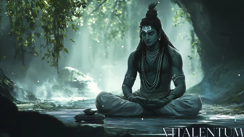 Serene forest meditation of blue-skinned ascetic deity figure.