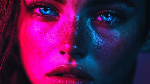 Neon-lit freckled portrait with dual magenta cyan glow.