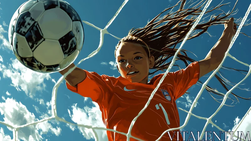 Dynamic save by young soccer goalkeeper under blue sky.