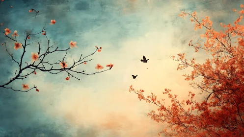 Gentle birds glide between blooming branches in soft light
