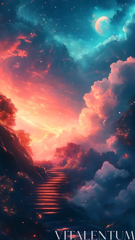 Stairway through illuminated clouds toward moonlit sky.