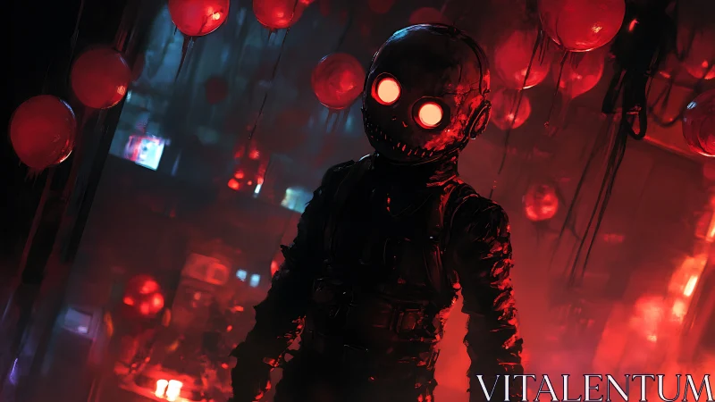 Cybernetic soldier under red neon balloons in dark corridor.