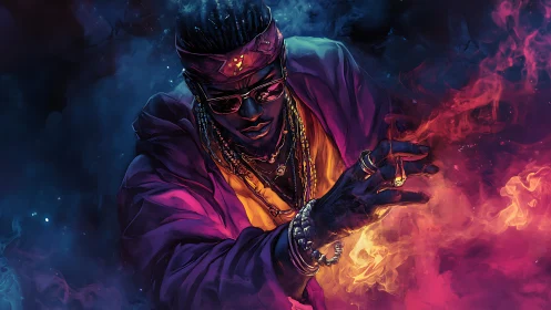 Hypnotic sorcerer in neon smoke conjures vivid street magic