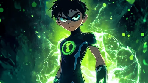 Young male hero with glowing green emblem and energy field.