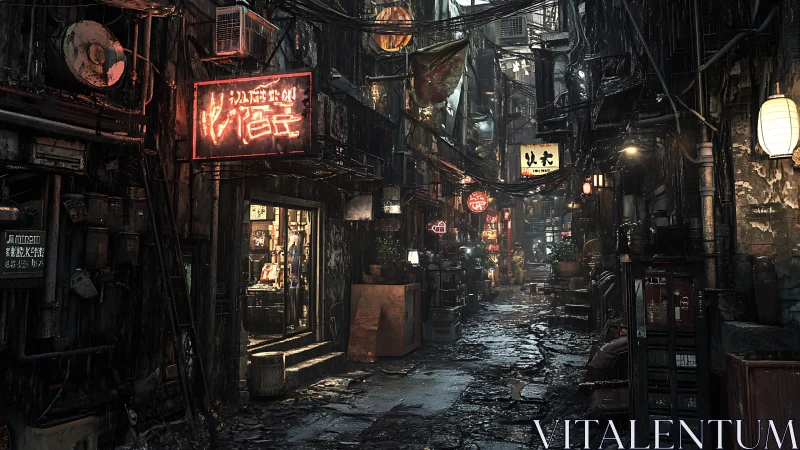 Rain-slick cyberpunk alleyway renders dense neon-lit depth