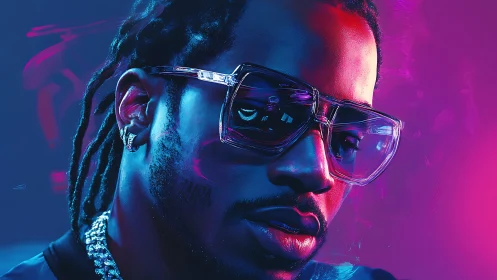 Cool neon-lit portrait of a stylish man in reflective shades.