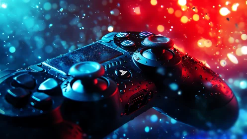 Game controller in neon bokeh storm, cinematic close-up.