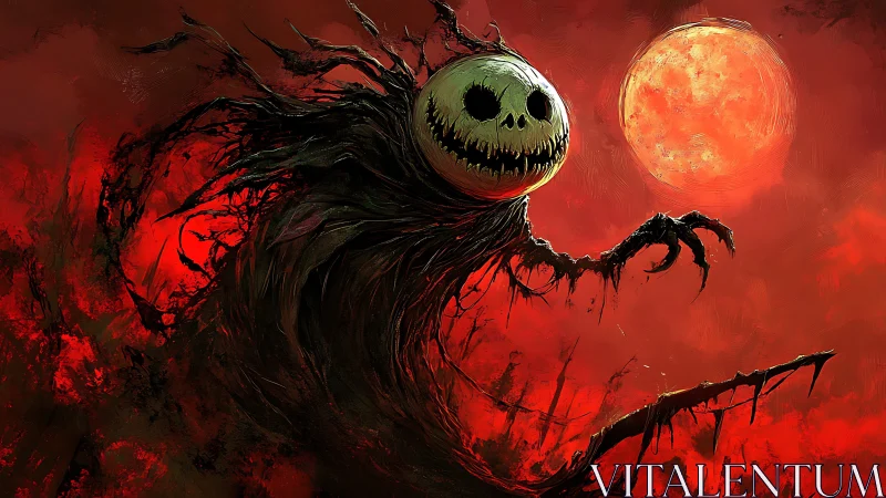 Sinister pumpkin wraith stalks beneath a blood-red moon
