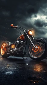 Custom chopper glows with fiery wheels beneath storm clouds