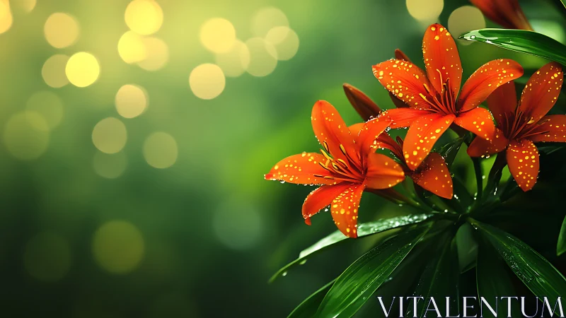 Red Lilies with Dew Droplets Against Bokeh-Rendered Green Background