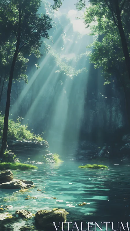 Volumetric sunbeams over turquoise forest pool in canyon
