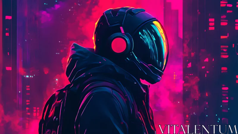 Neon night drifter in chrome helmet roaming vapor-lit city.